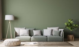 Empty wall interior design in modern living room mock-up , green armchair with white cushions Scandinavian style