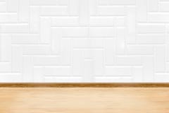 Empty white clean ceramic tile wall and wood floor background,Mi Stock Photos Empty white clean ceramic tile wall and wood floor background,Mi Stock Photos