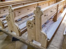 Empty wooden pews in St. John the Baptist Church in Oberstdorf, Germany stock image Empty wooden pews in St. John the Baptist Church in Oberstdorf, Germany stock image