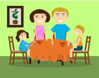 En familj med två barn dricker te på en tabell vektor illustrationer En familj med två barn dricker te på en tabell vektor illustrationer