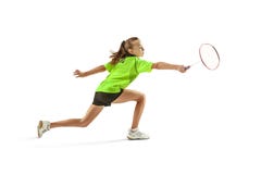 En för tonåringflicka för caucasian som ung kvinna spelar badmintonspelaren som isoleras på vit bakgrund royaltyfria bilder En för tonåringflicka för caucasian som ung kvinna spelar badmintonspelaren som isoleras på vit bakgrund royaltyfria bilder