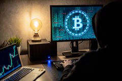 En hackerman som använder datoren för digitalt tvätta för valuta royaltyfria bilder En hackerman som använder datoren för digitalt tvätta för valuta royaltyfria bilder