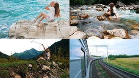 4 en 1: La mujer atractiva joven viaja el mundo almacen de video 4 en 1: La mujer atractiva joven viaja el mundo almacen de video