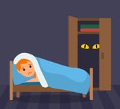 En liten pojke kan inte sova - mycket rätt av monstret i garderoben Barndomskräck plan illustration i en tecknad filmstil vektor illustrationer En liten pojke kan inte sova - mycket rätt av monstret i garderoben Barndomskräck plan illustration i en tecknad filmstil vektor illustrationer