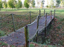 En liten repbro korsar ett dike på den Arley arboretumen i Midlands i England arkivbild En liten repbro korsar ett dike på den Arley arboretumen i Midlands i England arkivbild