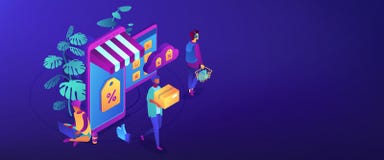 En-tête isométrique de la bannière 3D de concept en ligne de magasin discount illustration libre de droits En-tête isométrique de la bannière 3D de concept en ligne de magasin discount illustration libre de droits