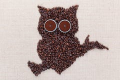 En uggla som placerar på all som en filial göras från kaffebönor som arrangera i rak linje i mitten, closeup arkivbilder En uggla som placerar på all som en filial göras från kaffebönor som arrangera i rak linje i mitten, closeup arkivbilder