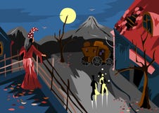 En un pequeño pueblo es un carnaval, y la encantadora está mirando del tejado de la casa ilustración del vector En un pequeño pueblo es un carnaval, y la encantadora está mirando del tejado de la casa ilustración del vector