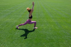 En ung afrikansk amerikanflicka i en svart T-tröja, rosa färgflåsanden och gymnastikskor som gör sportar, övar på grönt gräs och arkivbilder En ung afrikansk amerikanflicka i en svart T-tröja, rosa färgflåsanden och gymnastikskor som gör sportar, övar på grönt gräs och arkivbilder