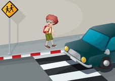 En ung pojke med ett ryggsäckanseende nära gångaren stock illustrationer En ung pojke med ett ryggsäckanseende nära gångaren stock illustrationer
