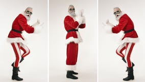 Energetic active dance of fun excited Santa, happy New Year holiday celebration