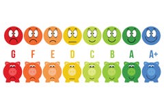 Energii wydajności skala klasowi savings kolorowy prosiątko bank i smiley wektoru ilustracja Obraz Stock Energii wydajności skala klasowi savings kolorowy prosiątko bank i smiley wektoru ilustracja Obraz Stock