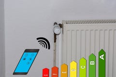 Energy efficiency class symbol, radiator and smartphone. royalty free stock photo Energy efficiency class symbol, radiator and smartphone. royalty free stock photo