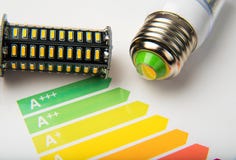 Energy efficiency concept with energy rating chart and LED lamp stock photography Energy efficiency concept with energy rating chart and LED lamp stock photography