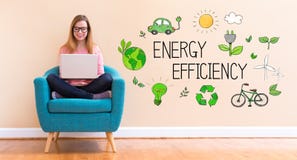 Energy Efficiency with young woman using her laptop stock image Energy Efficiency with young woman using her laptop stock image