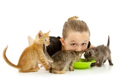 Enfant adorable de fille partageant le bol du lait du chaton photographie stock Enfant adorable de fille partageant le bol du lait du chaton photographie stock
