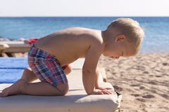 Enfant en bas âge mignon se reposant sur le lit pliant de plage Vacances de bébé d'été image stock Enfant en bas âge mignon se reposant sur le lit pliant de plage Vacances de bébé d'été image stock