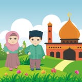 Enfant islamique de bande dessinée avec la mosquée et le paysage illustration stock Enfant islamique de bande dessinée avec la mosquée et le paysage illustration stock