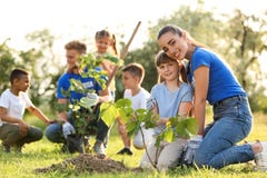 Enfants plantant des arbres avec des volontaires photographie stock Enfants plantant des arbres avec des volontaires photographie stock