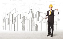 Engineer man with building city drawing in background Stock Photo Engineer man with building city drawing in background Stock Photo