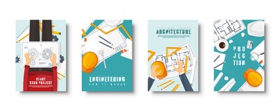 Engineering and architecture flat style covers set. Drawing construction. Architectural project. Design and sketching royalty free illustration Engineering and architecture flat style covers set. Drawing construction. Architectural project. Design and sketching royalty free illustration