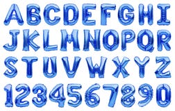 English alphabet and numbers made of blue inflatable helium balloons isolated. Foil balloon font colored in classic blue color of
