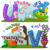 English alphabet U V. Colored cartoon English alphabet with U and V letters for children, with pictures of these letters with a unicorn, UFO, vulture, vegetables vector illustration English alphabet U V. Colored cartoon English alphabet with U and V letters for children, with pictures of these letters with a unicorn, UFO, vulture, vegetables vector illustration