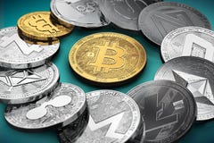 Enormer Stapel cryptocurrencies in einem Kreis mit einem goldenen bitcoin in der Mitte lizenzfreie abbildung Enormer Stapel cryptocurrencies in einem Kreis mit einem goldenen bitcoin in der Mitte lizenzfreie abbildung