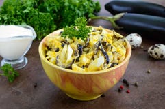 Ensalada picante de la berenjena frita, huevo hervido, cebollas adobadas imagen de archivo libre de regalías Ensalada picante de la berenjena frita, huevo hervido, cebollas adobadas imagen de archivo libre de regalías