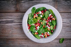 Ensalada verde fresca con espinaca, las nueces, el queso de cabra y la granada imagen de archivo Ensalada verde fresca con espinaca, las nueces, el queso de cabra y la granada imagen de archivo