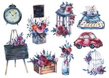 Ensemble d'aquarelle de bouteille peinte à la main avec la rose rouge, lant minable illustration de vecteur Ensemble d'aquarelle de bouteille peinte à la main avec la rose rouge, lant minable illustration de vecteur