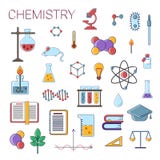 Ensemble d'icônes plates de vecteur scientifique de chimie, symboles d'éducation de chimie dans la conception mignonne colorée av illustration libre de droits Ensemble d'icônes plates de vecteur scientifique de chimie, symboles d'éducation de chimie dans la conception mignonne colorée av illustration libre de droits