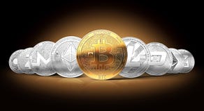 Ensemble de cryptocurrencies avec un bitcoin d'or sur l'avant en tant que chef illustration libre de droits Ensemble de cryptocurrencies avec un bitcoin d'or sur l'avant en tant que chef illustration libre de droits