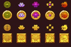 Ensemble de pièces de monnaie de la Chine Dirigez les icônes d'or avec des symboles chinois et des gemmes illustration stock Ensemble de pièces de monnaie de la Chine Dirigez les icônes d'or avec des symboles chinois et des gemmes illustration stock