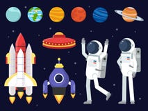 Ensemble de planètes, de navettes spatiales et d'astronautes dans le style plat illustration stock Ensemble de planètes, de navettes spatiales et d'astronautes dans le style plat illustration stock