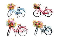 Ensemble de quatre bicyclettes d'aquarelle avec des fleurs sur f blanc Photographie stock Ensemble de quatre bicyclettes d'aquarelle avec des fleurs sur f blanc Photographie stock