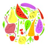 Ensemble de vecteur de style tiré de bande dessinée de fruits et légumes à disposition Concept végétarien illustration libre de droits Ensemble de vecteur de style tiré de bande dessinée de fruits et légumes à disposition Concept végétarien illustration libre de droits