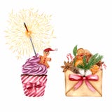 Ensemble du ` s de nouvelle année Enveloppe avec les cadeaux et le petit gâteau avec le bonhomme en pain d'épice et un feu du Ben illustration libre de droits Ensemble du ` s de nouvelle année Enveloppe avec les cadeaux et le petit gâteau avec le bonhomme en pain d'épice et un feu du Ben illustration libre de droits