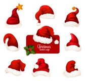 Ensemble rouge d'icône de bande dessinée de chapeau et de chapeau de Santa de Noël illustration stock Ensemble rouge d'icône de bande dessinée de chapeau et de chapeau de Santa de Noël illustration stock