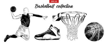 Ensemble tiré par la main de croquis de joueur de basket, de chaussure, de boule et de panier d'isolement sur le fond blanc Dessi illustration libre de droits Ensemble tiré par la main de croquis de joueur de basket, de chaussure, de boule et de panier d'isolement sur le fond blanc Dessi illustration libre de droits