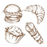 Ensemble tiré par la main de pâtisseries : hamburger, bagel, hot-dog Art de gravure panez les produits pour la bannière et la pub illustration libre de droits Ensemble tiré par la main de pâtisseries : hamburger, bagel, hot-dog Art de gravure panez les produits pour la bannière et la pub illustration libre de droits