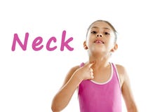 Enseñe la tarjeta de la muchacha que señala en su cuello y garganta en el fondo blanco imagenes de archivo Enseñe la tarjeta de la muchacha que señala en su cuello y garganta en el fondo blanco imagenes de archivo