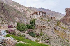 Enslig buddistisk kloster i berg med att blomma rosa buskar Royaltyfria Bilder Enslig buddistisk kloster i berg med att blomma rosa buskar Royaltyfria Bilder