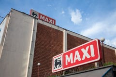 Entrance of a Maxi Supermarket with its logo. Belonging to the Belgian group Delhaize, Maxi Supermarkets is the leader in Serbia royalty free stock images Entrance of a Maxi Supermarket with its logo. Belonging to the Belgian group Delhaize, Maxi Supermarkets is the leader in Serbia royalty free stock images