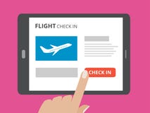 Entregue tela tocante do tablet pc com verificam dentro o ícone do botão e do avião na tela O conceito do voo verifica dentro ilustração do vetor Entregue tela tocante do tablet pc com verificam dentro o ícone do botão e do avião na tela O conceito do voo verifica dentro ilustração do vetor