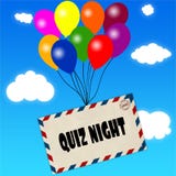Envelope with QUIZ NIGHT message attached to multicoloured balloons on blue sky and clouds background. vector illustration Envelope with QUIZ NIGHT message attached to multicoloured balloons on blue sky and clouds background. vector illustration