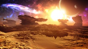 Epic Glorious Alien Planet Sunset With Galaxy