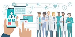 Equipa médica e cuidados médicos app ilustração stock Equipa médica e cuidados médicos app ilustração stock