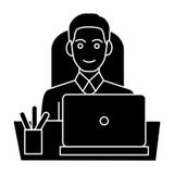 Equipaggi l'uomo d'affari in ufficio alla tavola con l'icona di vista frontale del computer portatile, l'illustrazione di vettore illustrazione vettoriale Equipaggi l'uomo d'affari in ufficio alla tavola con l'icona di vista frontale del computer portatile, l'illustrazione di vettore illustrazione vettoriale