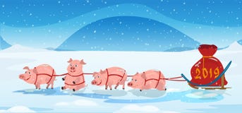 A equipe e os chrismas do trenó dos porcos ensacam com números 2018 Fundo do inverno ilustração royalty free A equipe e os chrismas do trenó dos porcos ensacam com números 2018 Fundo do inverno ilustração royalty free